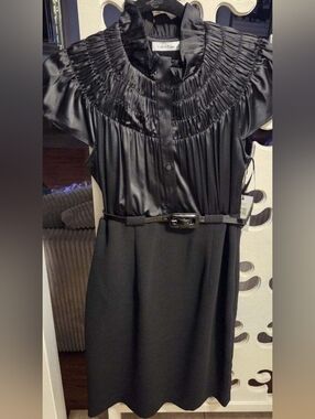 Black Satin Yoke Belted Sheath Dress